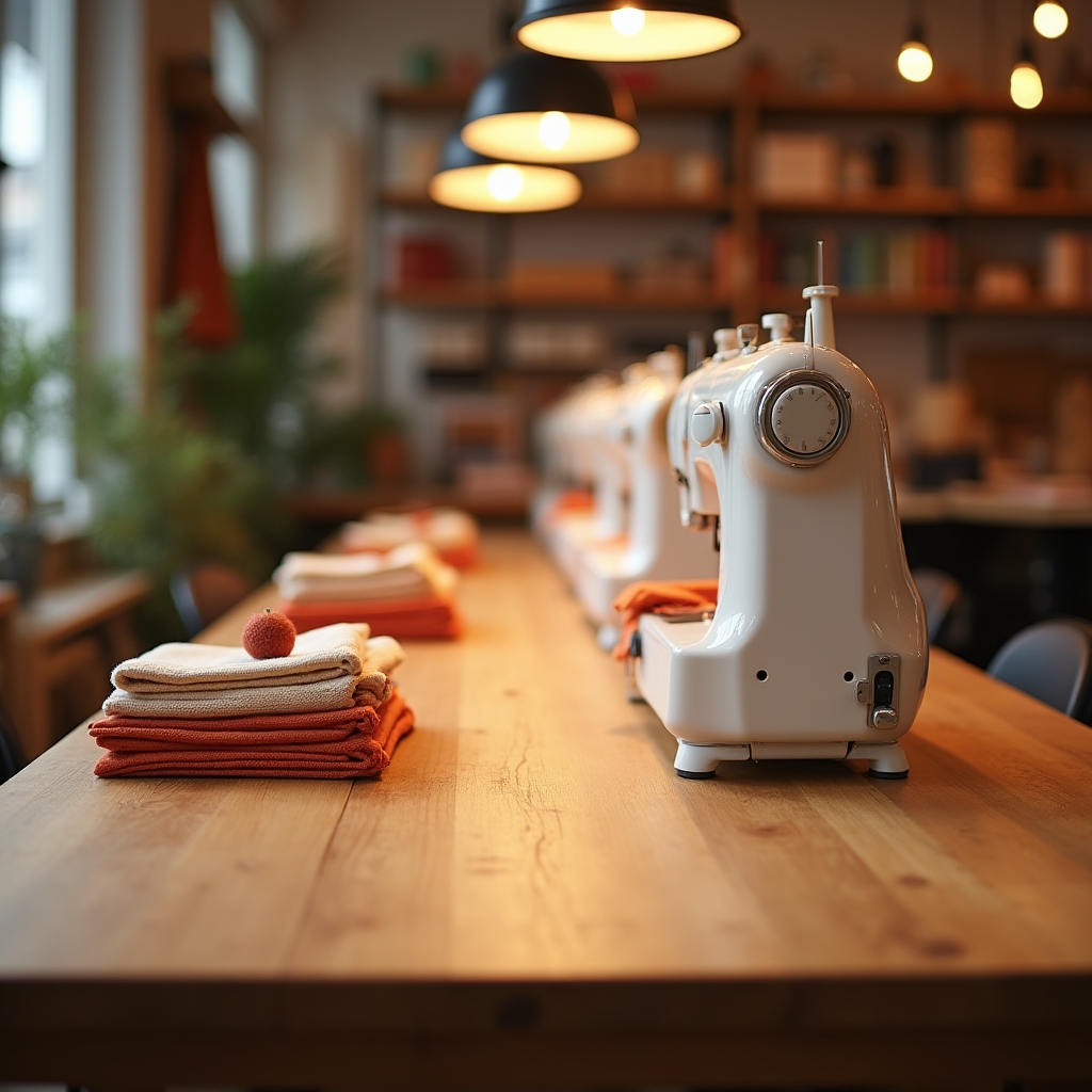 Tavolo da lavoro allestito per un mini-corso di cucito con macchine e materiali